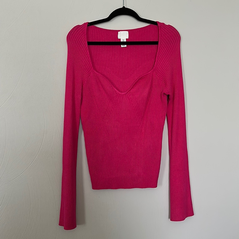 H&M Rib-Knit Sweetheart Neck Flared Sleeve Sweater